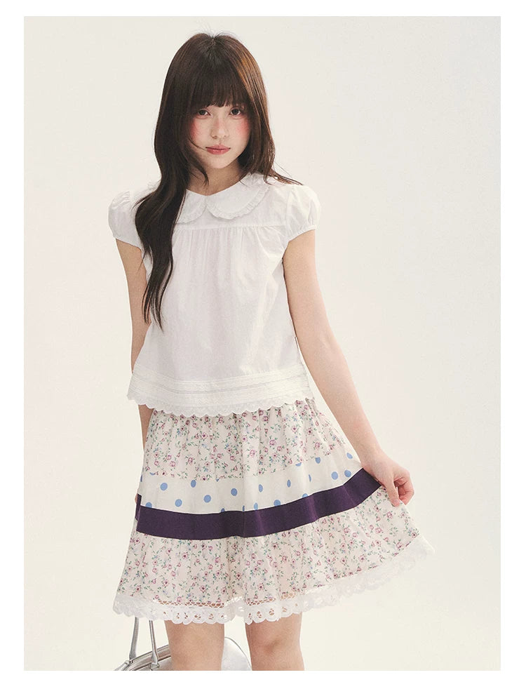 "Cotton Cloud" White Ruffle Collar Puff Sleeve Babydoll Top