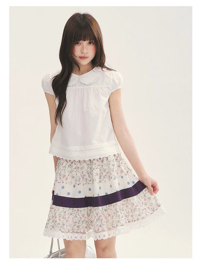 "Cotton Cloud" White Ruffle Collar Puff Sleeve Babydoll Top
