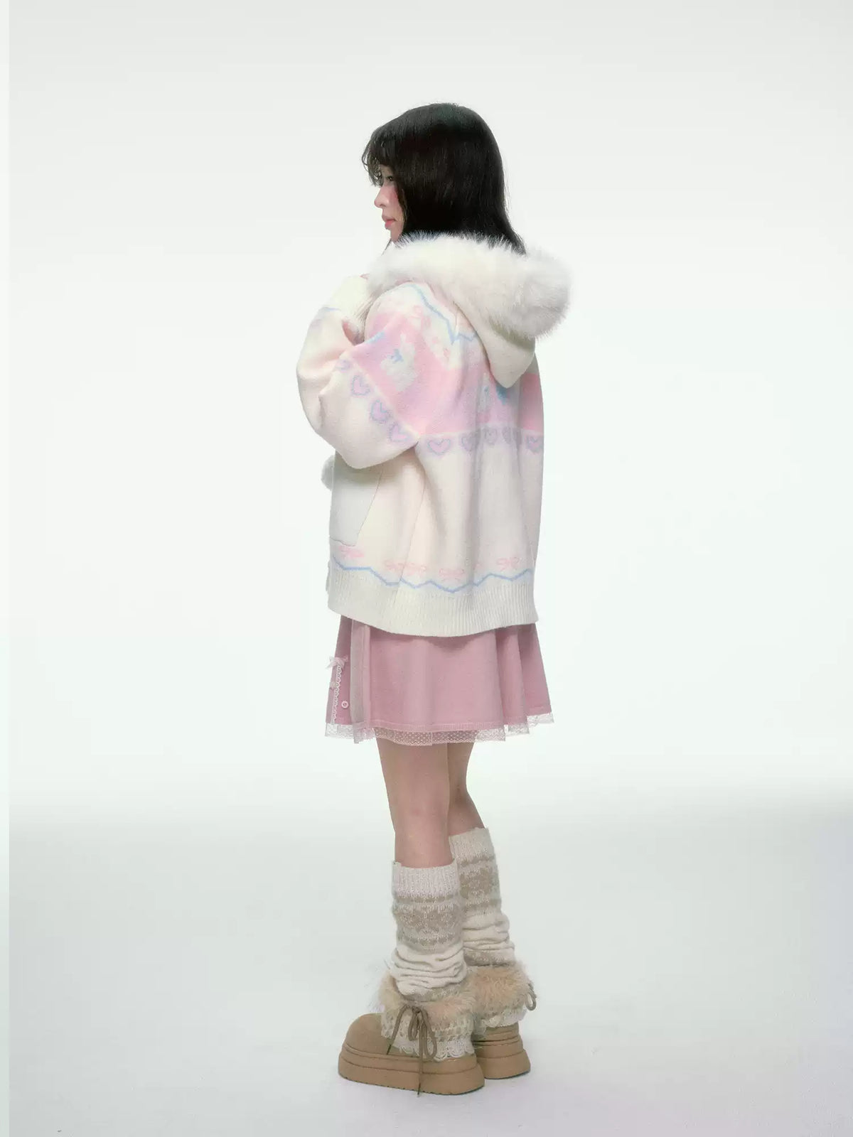 BIBIBENCY - Pink and White Hooded Knit Cardigan with Faux Fur Trim