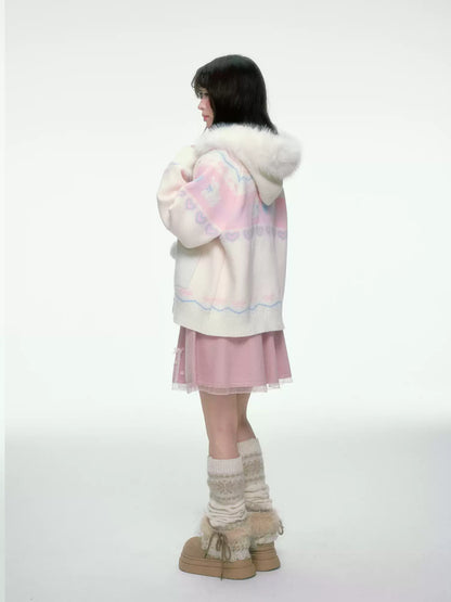BIBIBENCY - Pink and White Hooded Knit Cardigan with Faux Fur Trim