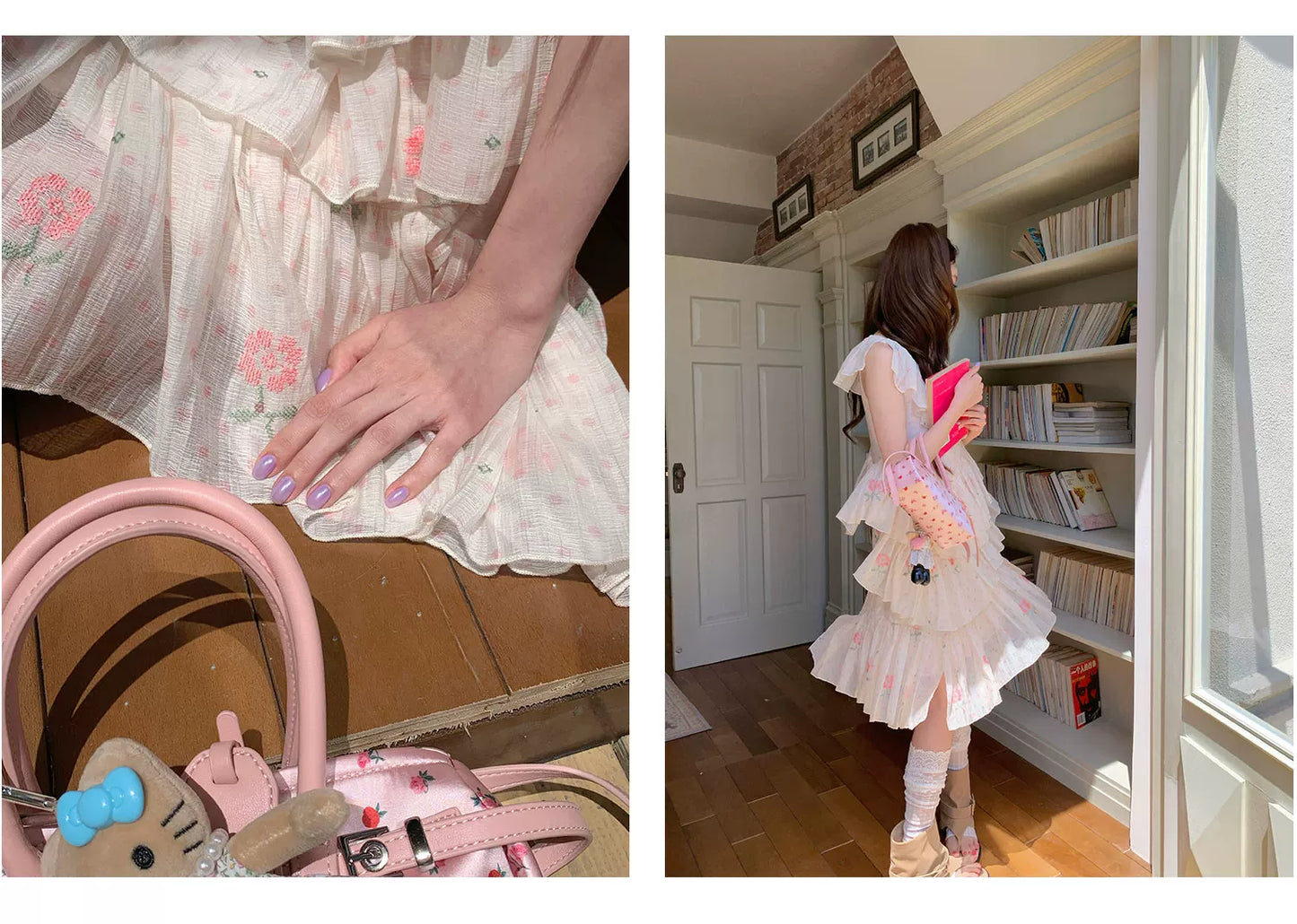 “Cloud Ruffle Reverie” Cream Apricot Floral Ruffle Dress