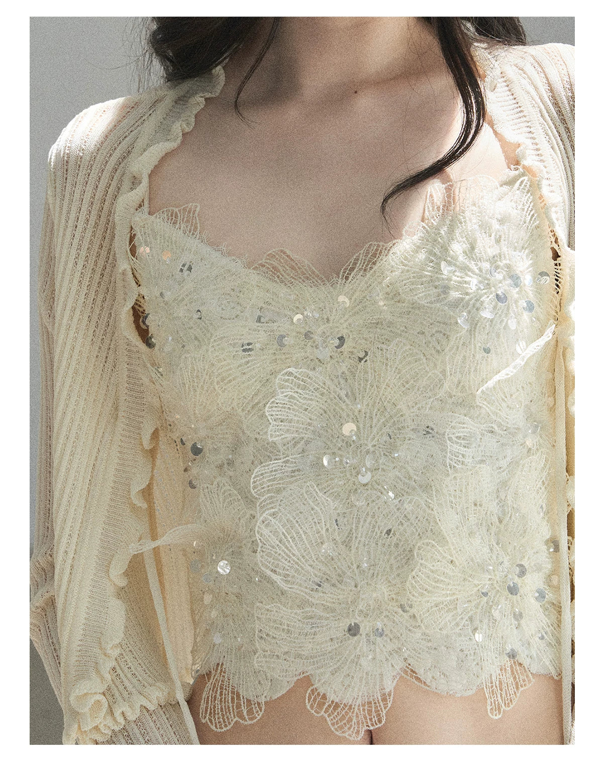 "Waiting for the Breeze" Apricot Lace Knit Cardigan & Cami Set