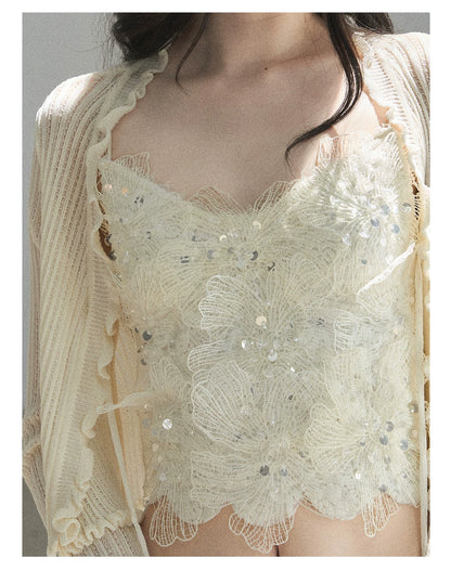 "Waiting for the Breeze" Apricot Lace Knit Cardigan & Cami Set