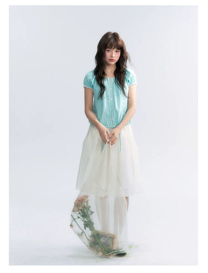 "Light Steps" Oat Apricot Pleated Lace Midi Skirt