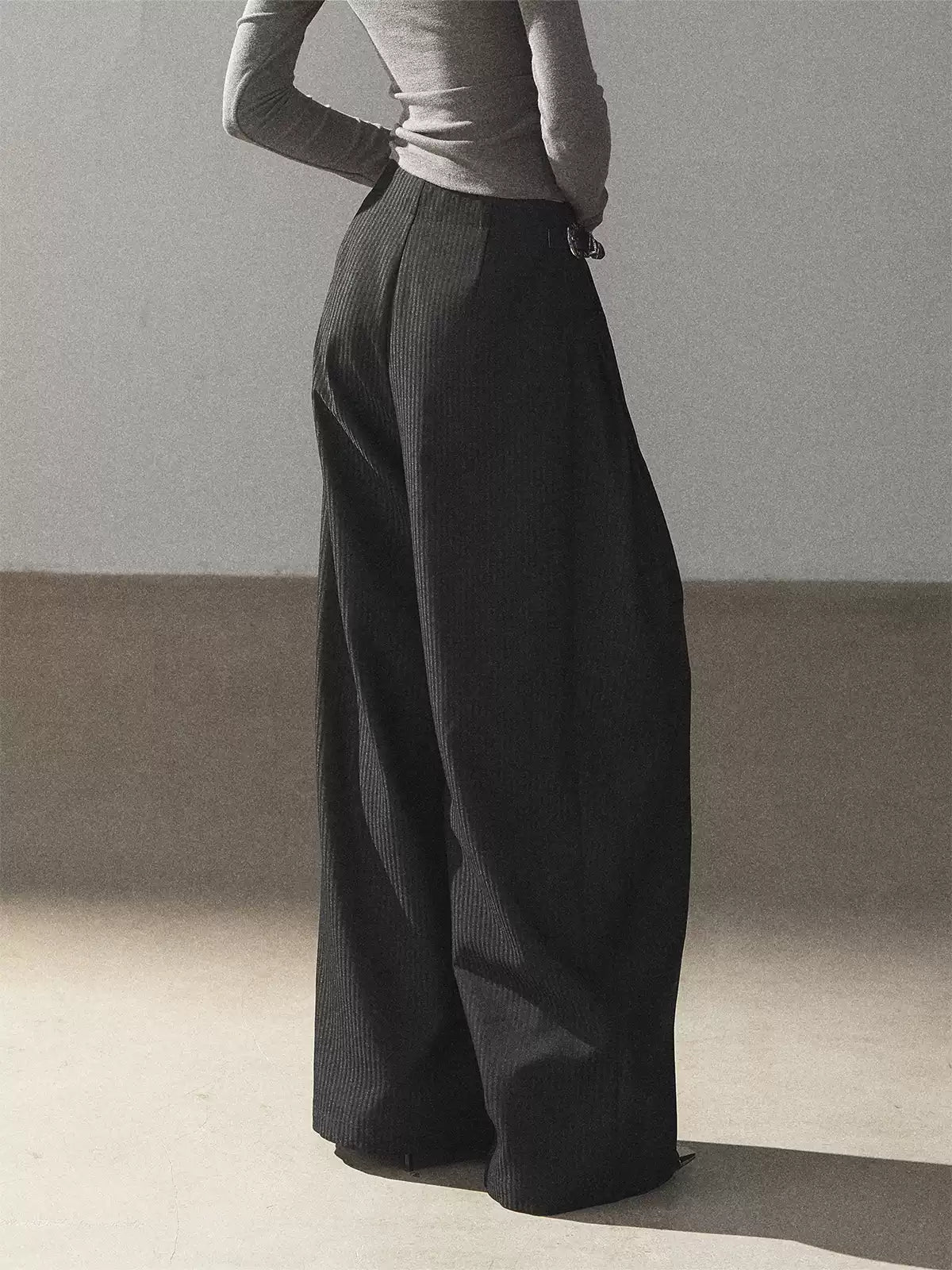 AOMALM - "Midnight Glow" Black Striped Satin Wide-Leg Pants