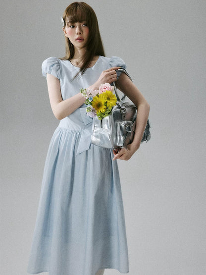 LOST FOREST - Blue Lyocell-Cotton Bow Dress
