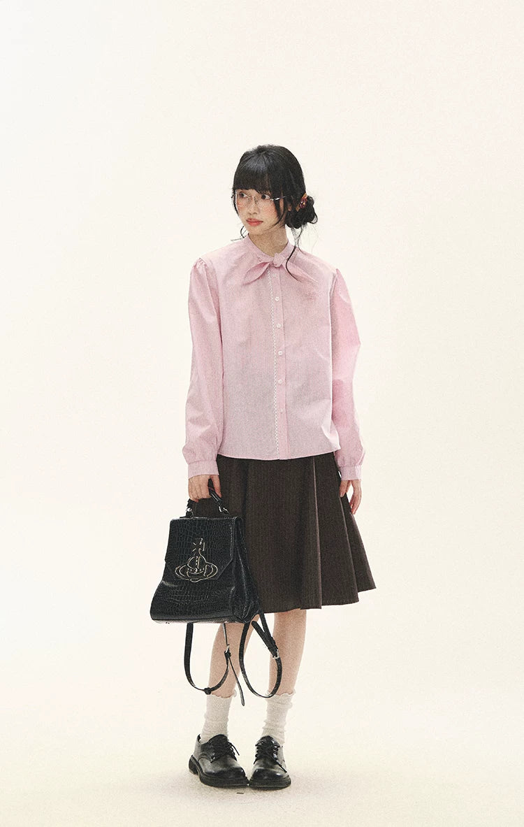 "Blush Poetry" Pink Stripe Cotton Bow Blouse