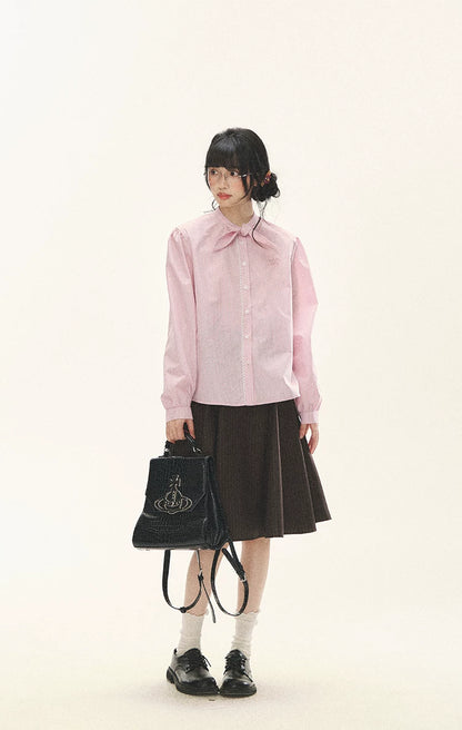 "Blush Poetry" Pink Stripe Cotton Bow Blouse