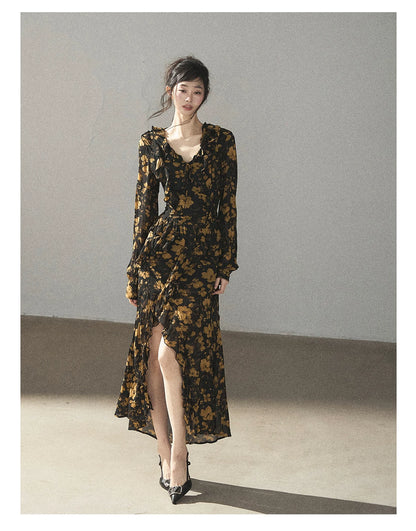 AOMALM - Black & Golden Brown Floral Ruffle Maxi Dress with High Side Slit