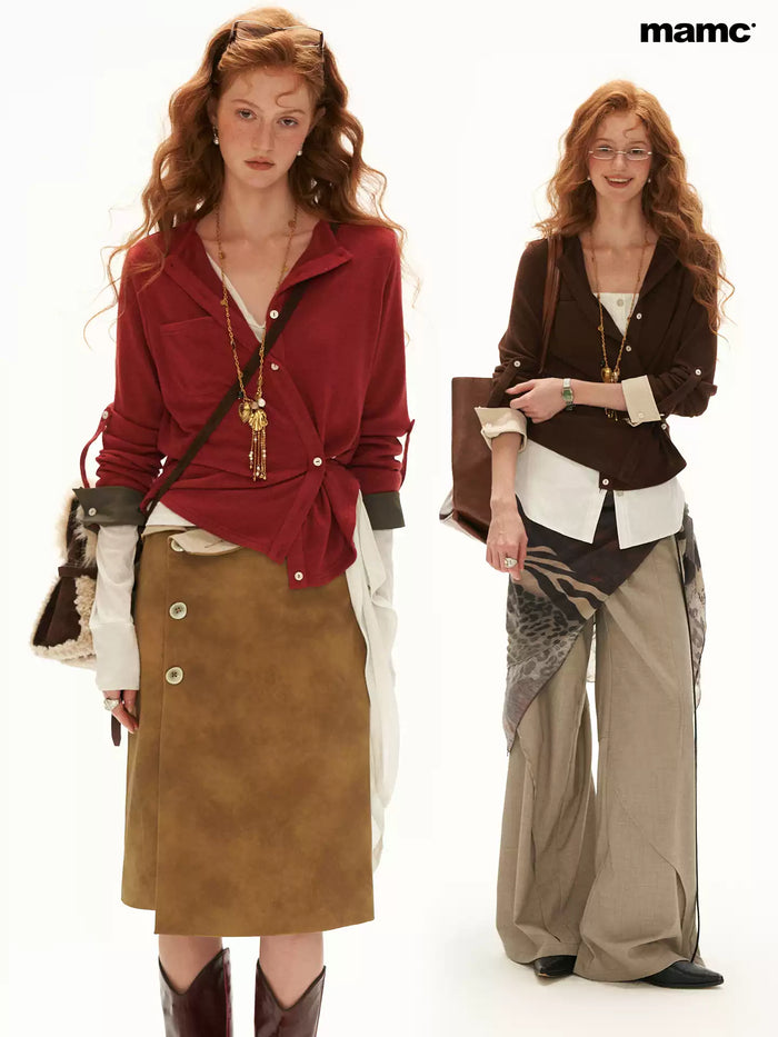 MAMC - Textured Wrap-Front Henley Waist-Defined Cardigan Top (Red / Brown)