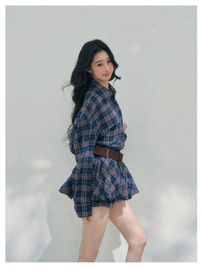 少也眼 “Rain Traces on Windowpanes” Polo-Collar Plaid Shirt Mini Dress 5286347