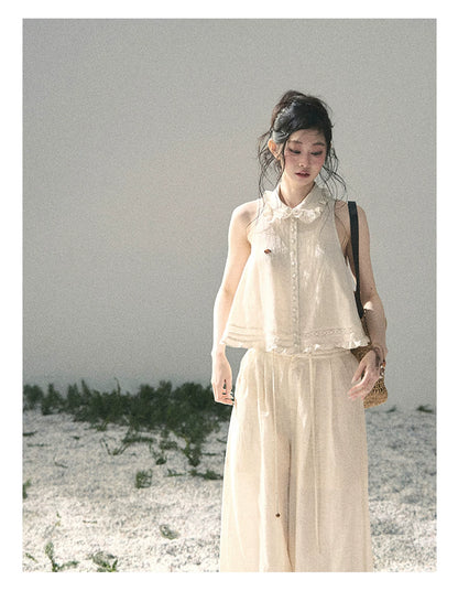 "Soft Cloud Reverie" Dutch Cream Lace Top & Bubble Skirt & Wide-Leg Pants Set 5468465