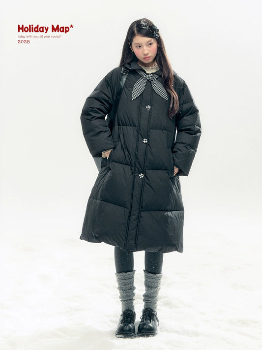 "Starry Night Little Witch" Black Long Down Coat with Detachable Bunny Bow Collar