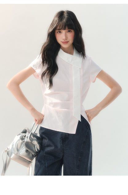 [CAN] "Girl's Getaway" Pink Stripe Ribbon Collar Blouse