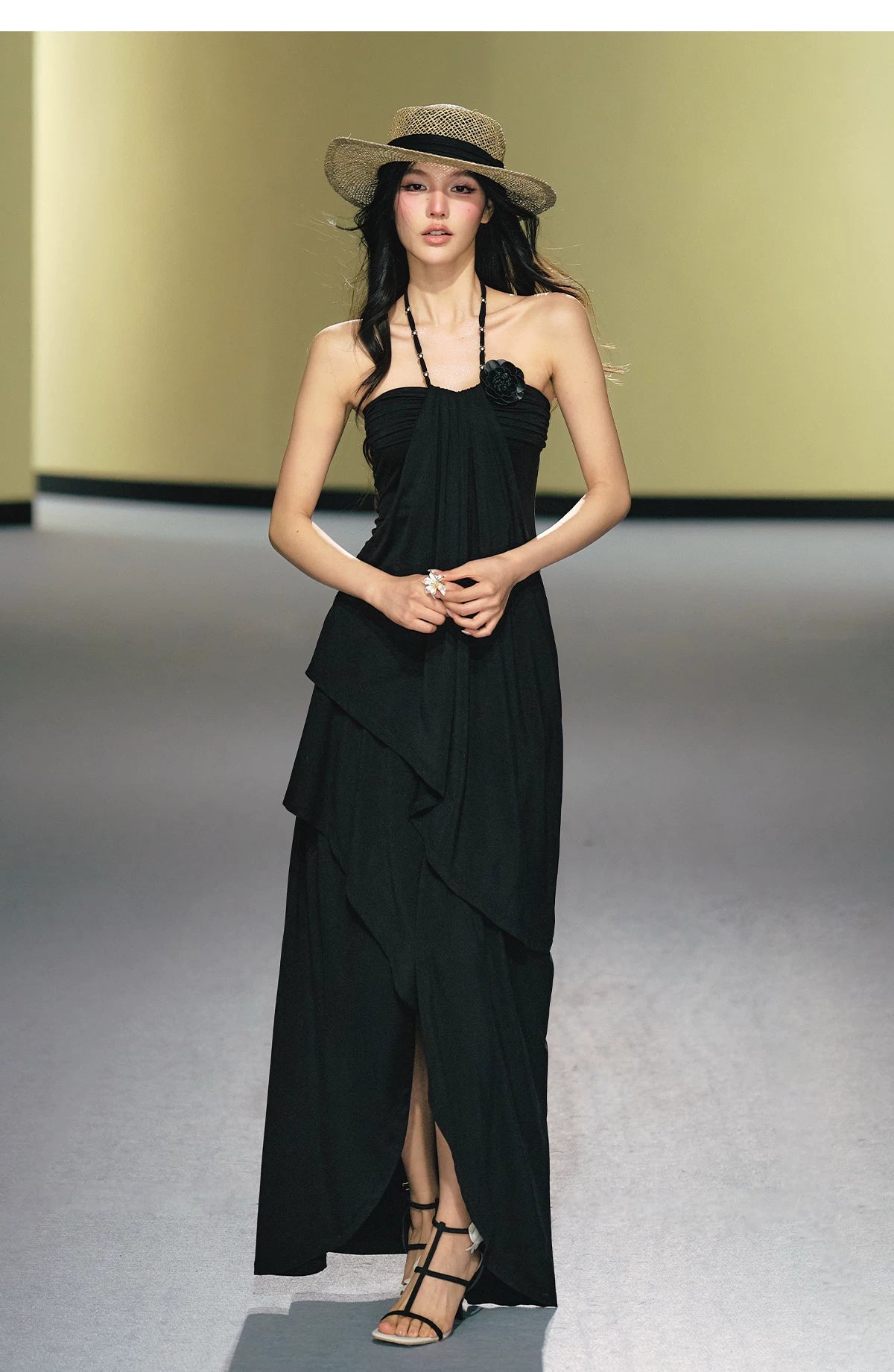 "Moonlit Reverie" Halter Layered Maxi Dress (Black/ Blush Pink)
