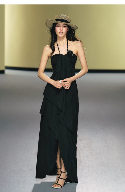 "Moonlit Reverie" Halter Layered Maxi Dress (Black/ Blush Pink)
