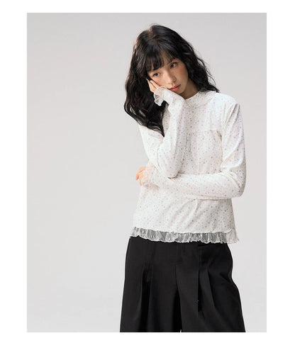 [CAN] "Double Dot Floral Raft" White Floral Lace-Trim Long Sleeve Top