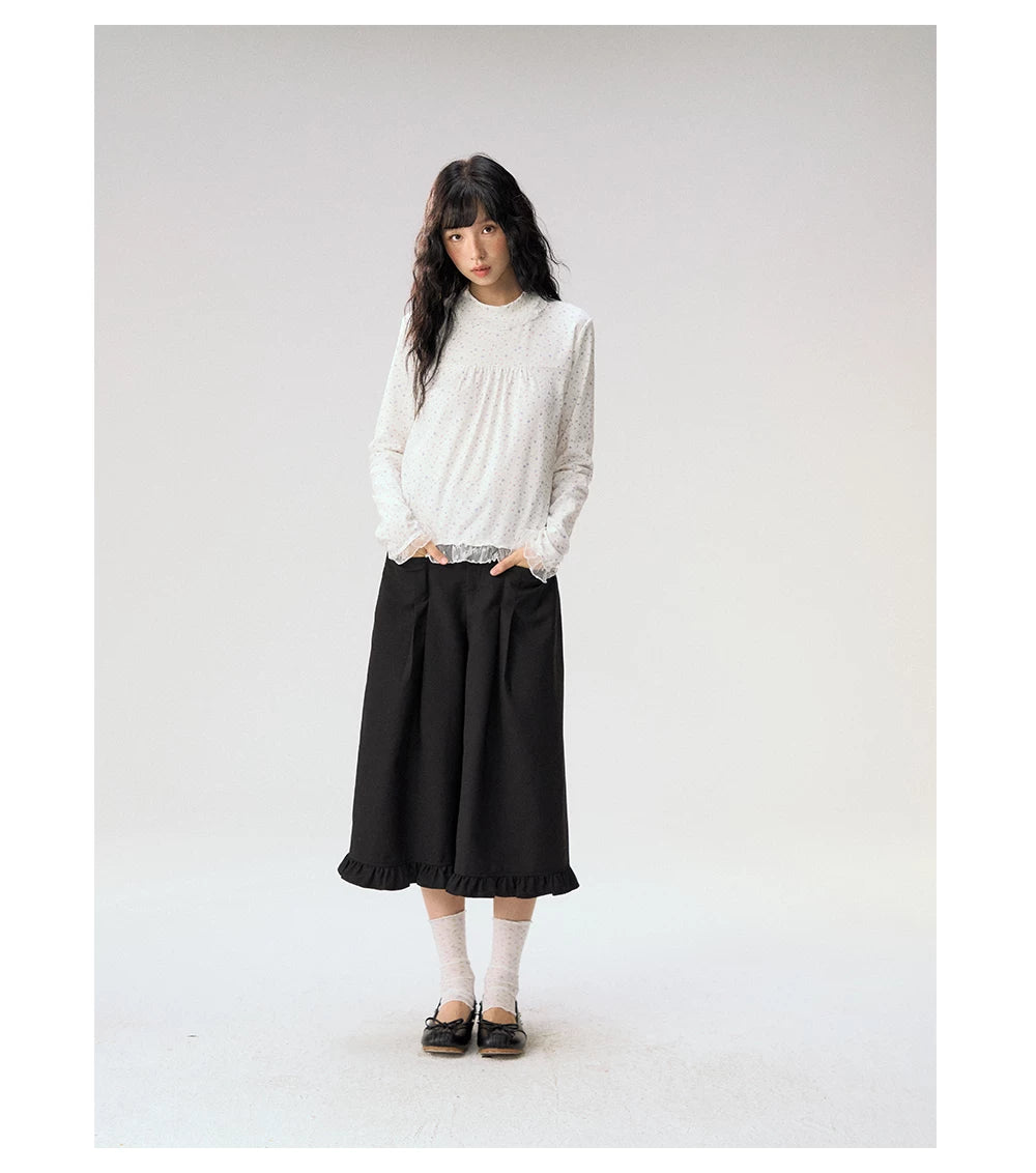 [CAN] "Double Dot Floral Raft" White Floral Lace-Trim Long Sleeve Top