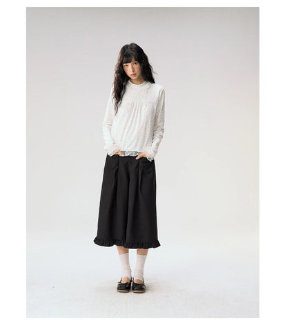 [CAN] "Double Dot Floral Raft" White Floral Lace-Trim Long Sleeve Top