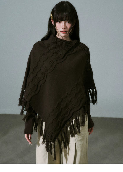 LOST FOREST - Wool-Blend Bow Graphic Fringe Cape Shawl (Coffee / Dark Gray)