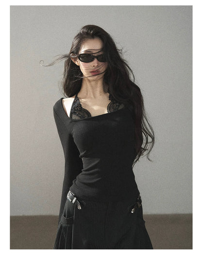 AOMALM - "Flowers at Dusk" Black Faux-Layer Lace Halter Knit Top