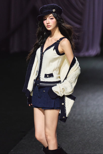 Contrast Knit Cardigan, V-Neck Tank & A-Line Skort Three-Piece Set