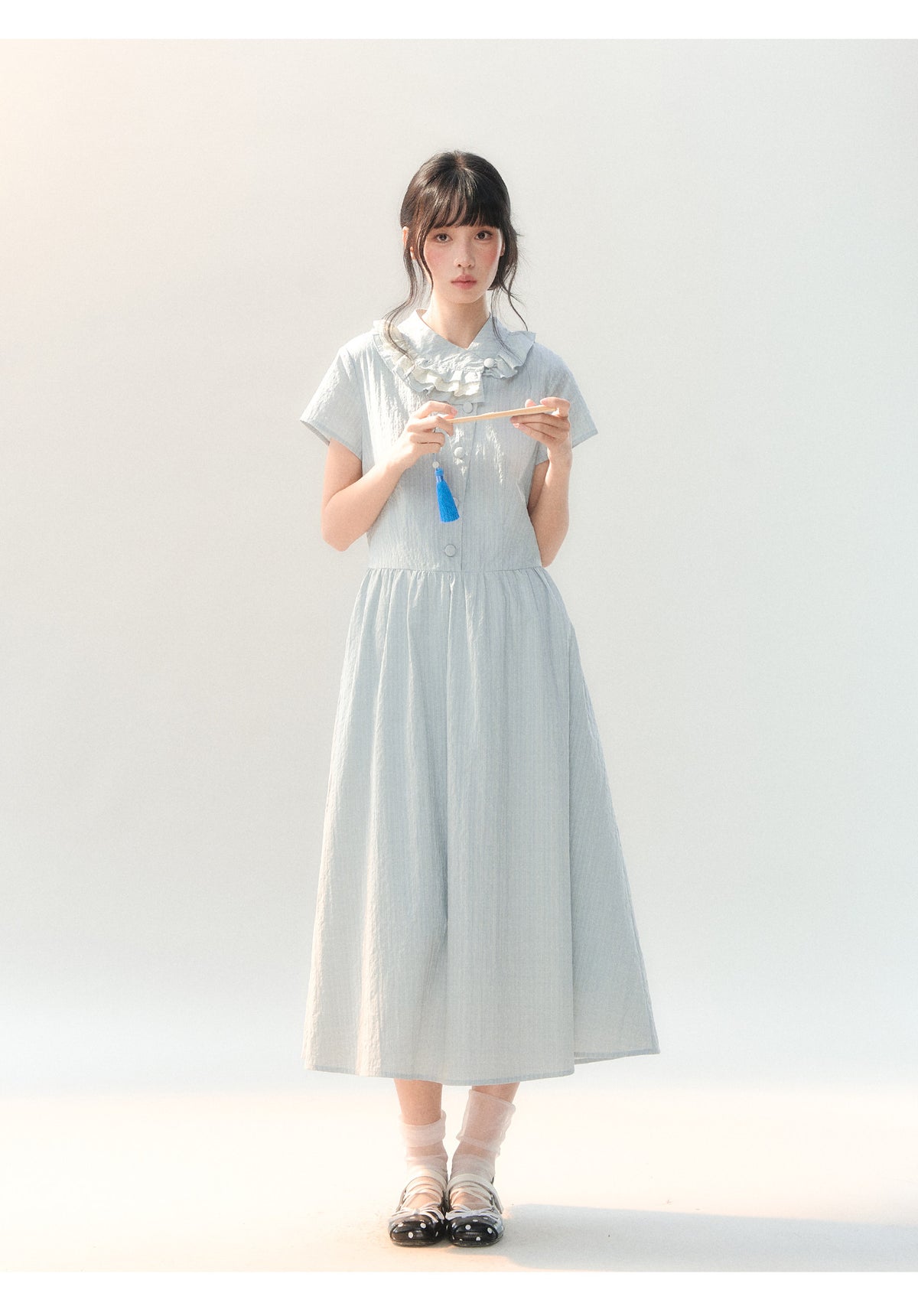 [CAN] "Dawn Island" Blue Puff Sleeve Doll Collar Dress