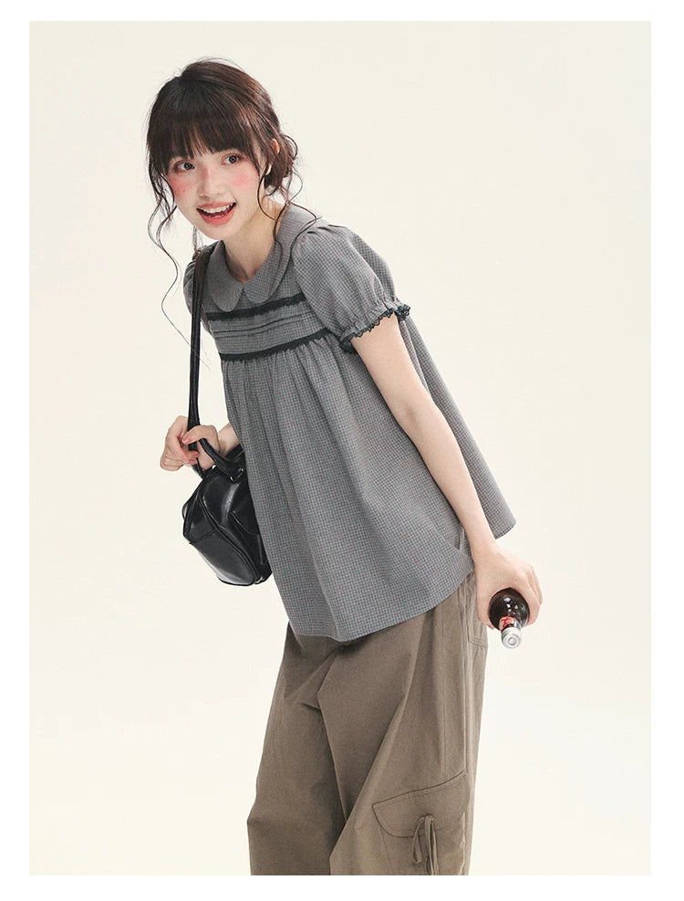 "Sweet Silhouette" Plaid Lace Trim Puff Sleeve Peter Pan Collar Blouse (Red Blue / Red White)
