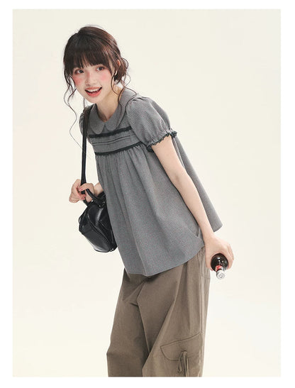 "Sweet Silhouette" Plaid Lace Trim Puff Sleeve Peter Pan Collar Blouse (Red Blue / Red White)