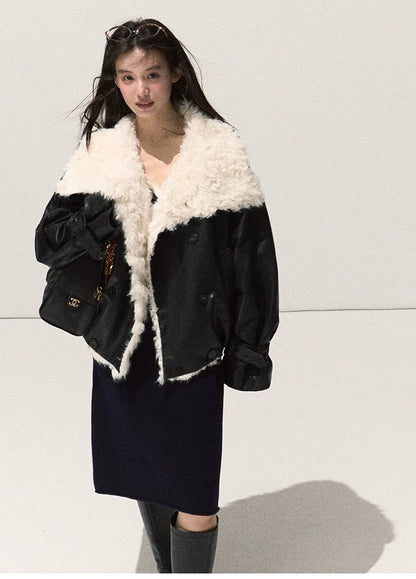 OAKMOO/ Cropped Faux Leather Shearling-Collar Jacket (Rich Black / Hazelnut Khaki)