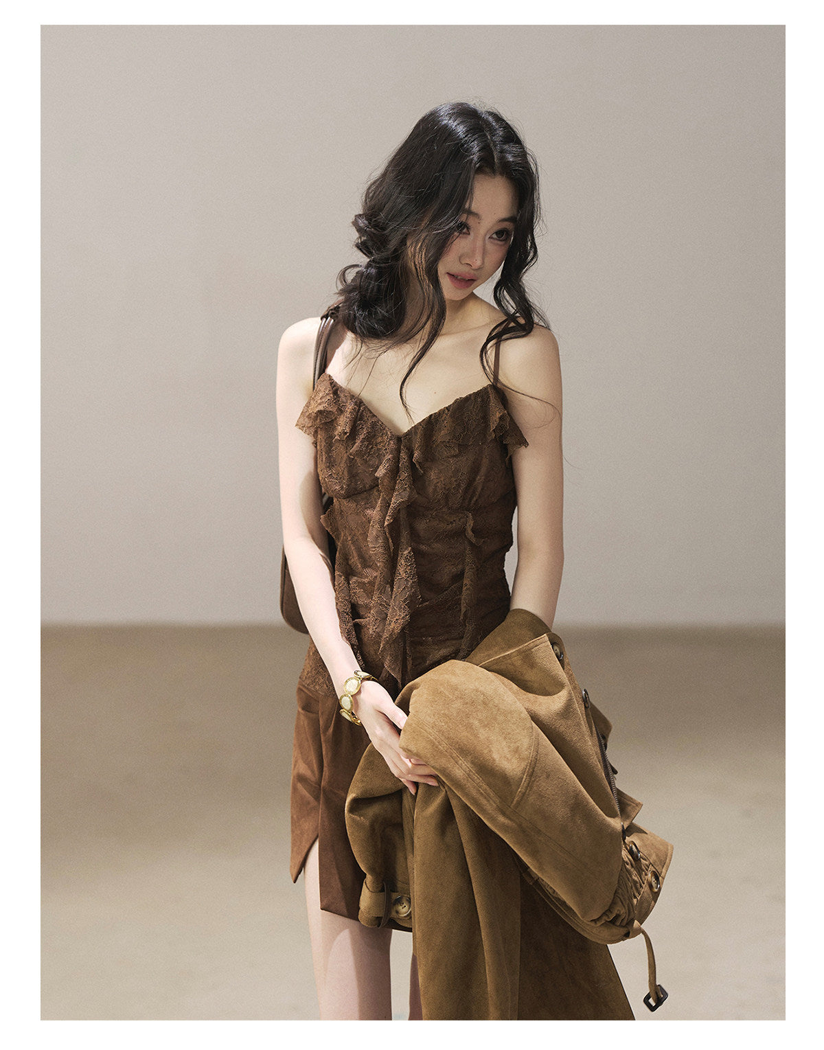 170726 "Sunset Melted Into Lace" Rich Cocoa Lace Ruffle Cami Top