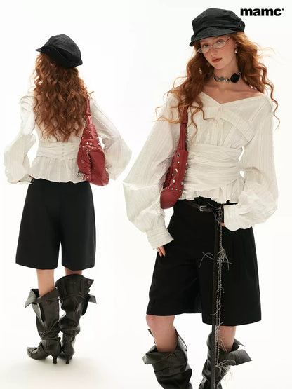 MAMC - White French-Inspired Ruffle Off-Shoulder Waist-Tie Blouse