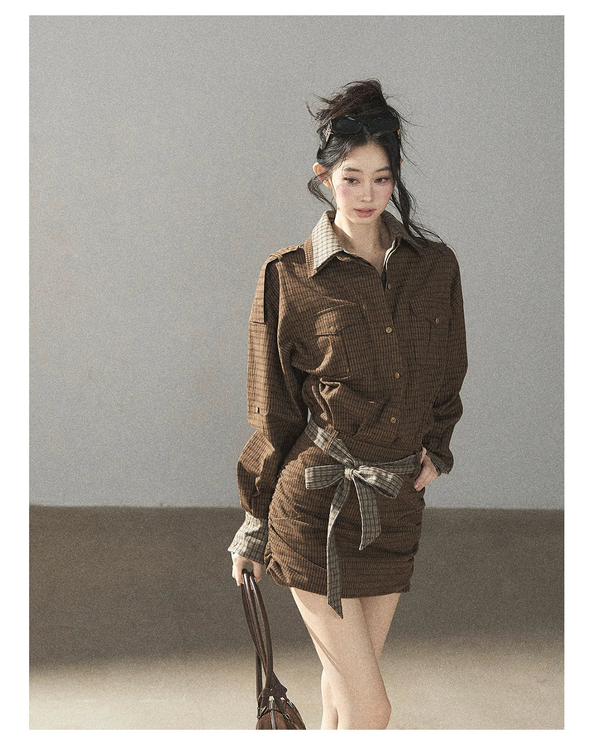 AOMALM - "A Promise Beneath the Oak" Crabapple Brown Plaid Shirt Dress with Belt