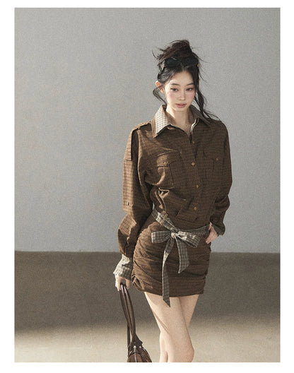 AOMALM - "A Promise Beneath the Oak" Crabapple Brown Plaid Shirt Dress with Belt