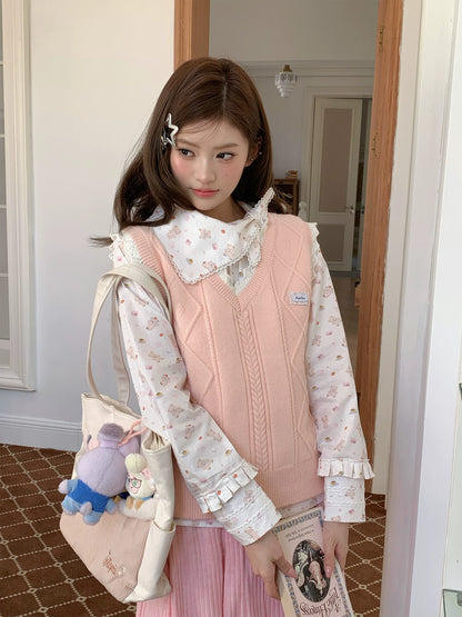 “Pudding Bear Letter” White Teddy Print Lace Blouse