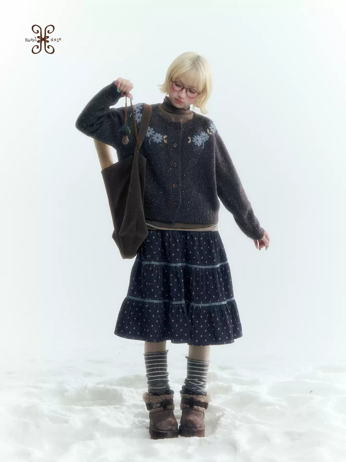 Horridale - Navy Blue Floral Lace Patchwork Tiered A-Line Midi Skirt