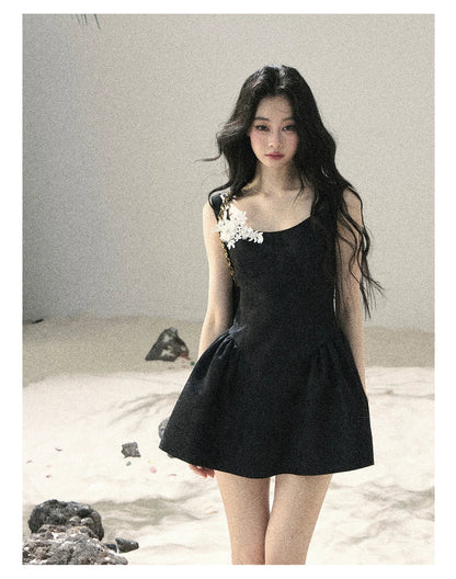 "Wisteria Climbing the Vines" Black Iris Floral Lace Puff Mini Dress 7645