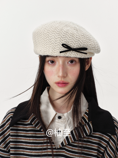 Ivory Cream Bow Knit Beret – Women's French Artist Hat