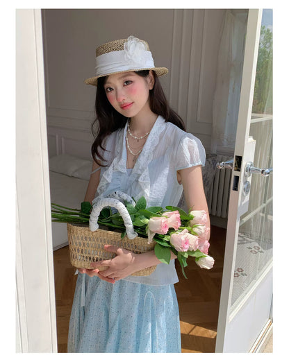 “Blue Breeze Sonata” Blue Ruffle Lace Blouse