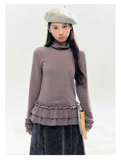 "Lavender Mist" Smoky Mauve Ruffle Ruched Turtleneck Knit Top