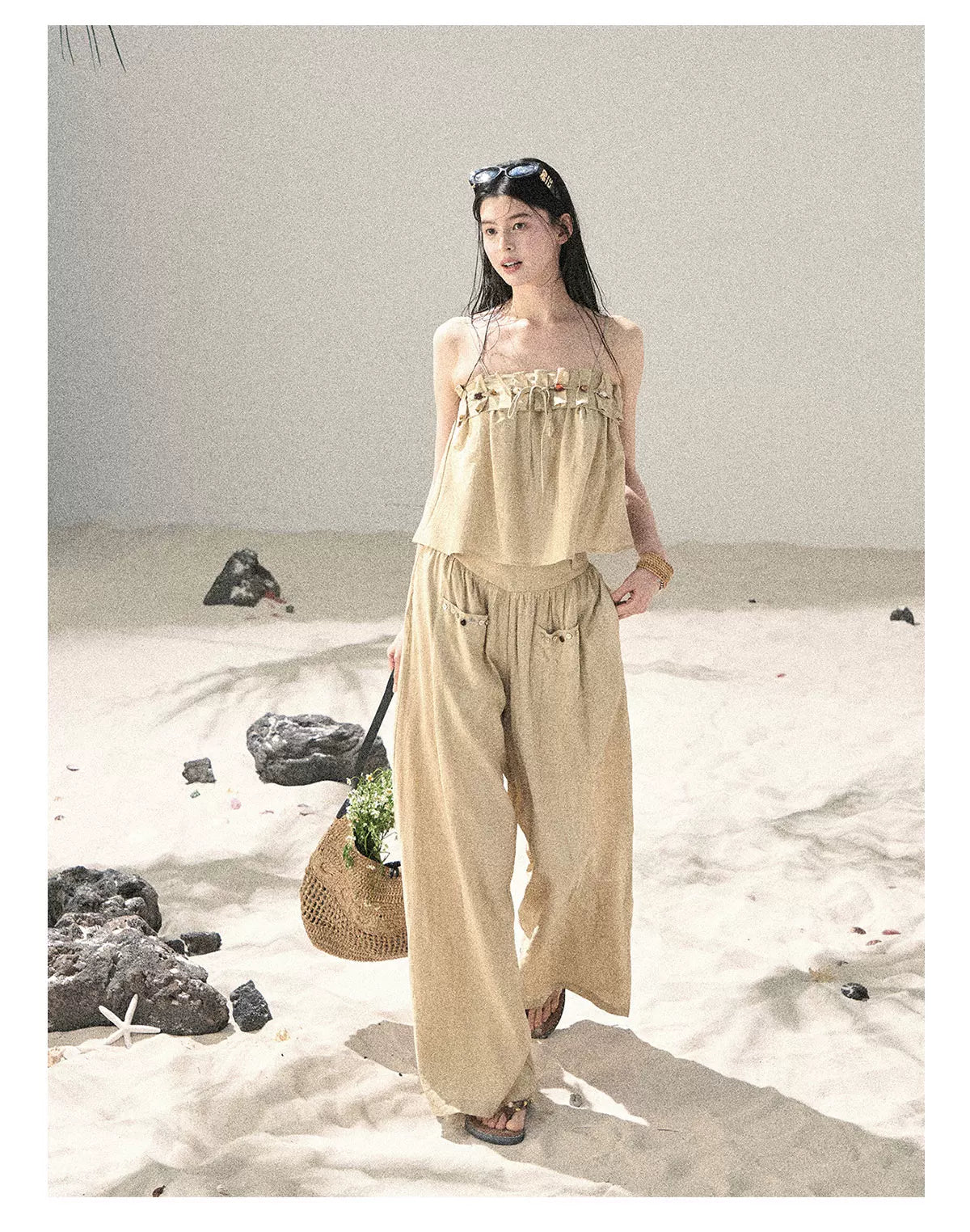 "Traces of the Wind" Sand Beige Cami & Wide-Leg Pants Set