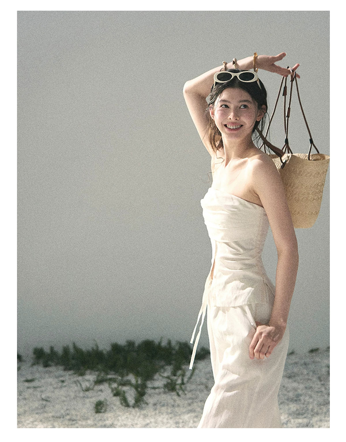 “Breath Across the Shoulders” Natural Beige Layered Bustier Top & Wide-Leg Trousers
