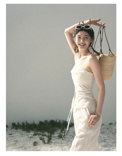 “Breath Across the Shoulders” Natural Beige Layered Bustier Top & Wide-Leg Trousers