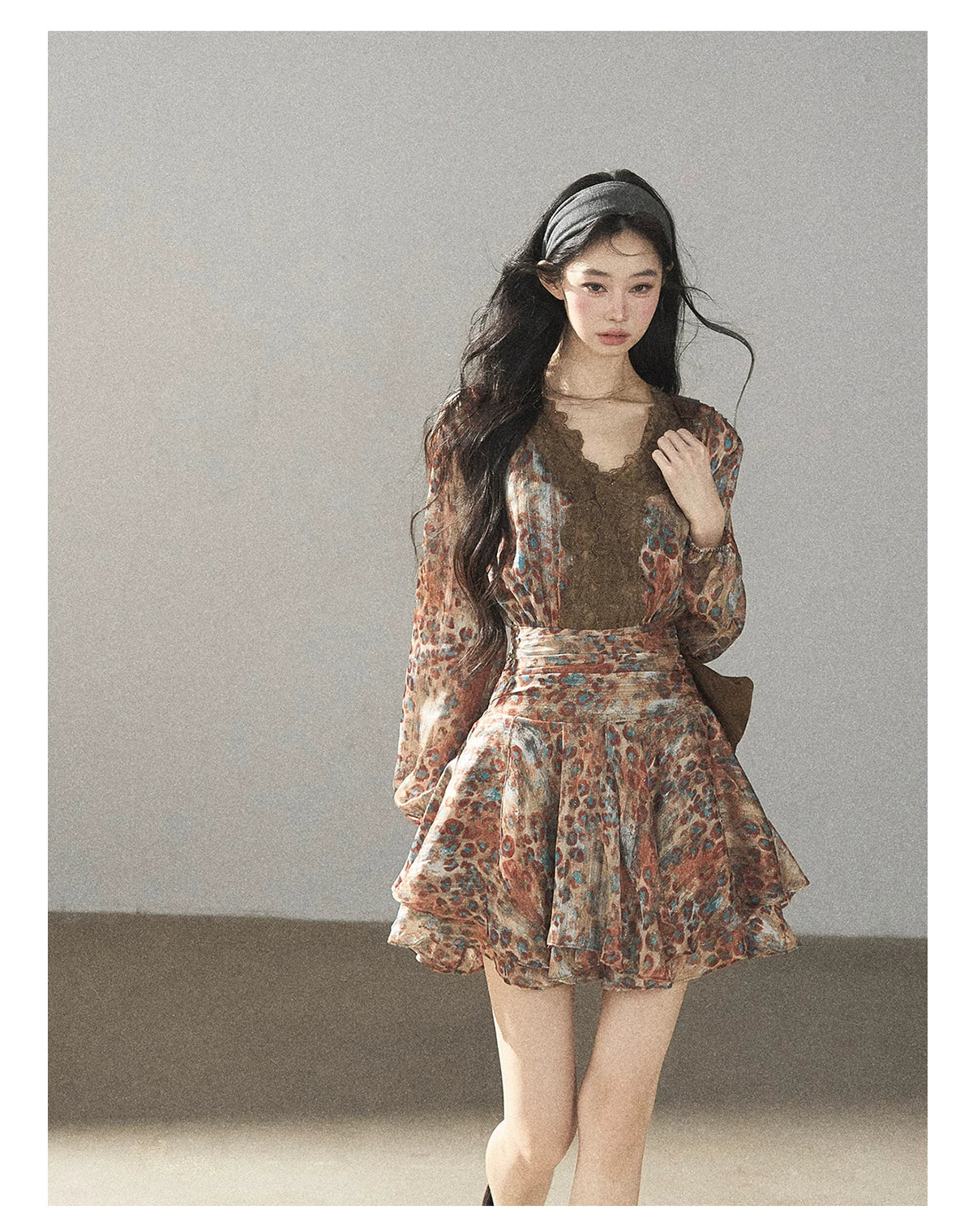 AOMALM - “Whispers of Withered Branches” Rich Cocoa French Lace Chiffon Mini Dress with Tights