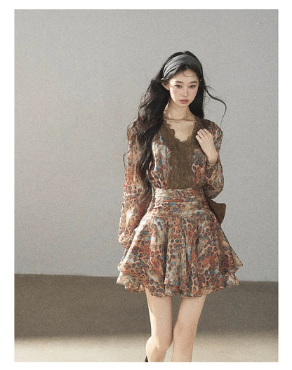 AOMALM - “Whispers of Withered Branches” Rich Cocoa French Lace Chiffon Mini Dress with Tights