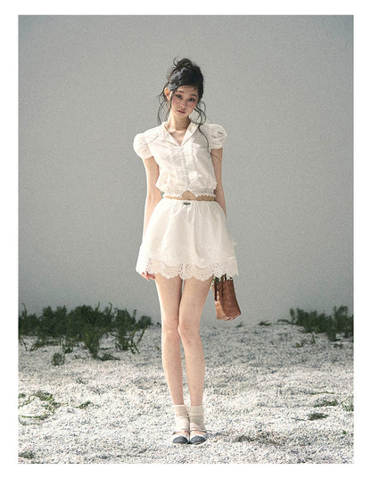"Rose Petals in Secret" Cloud White Lace Two-Piece Skirt Set 142453