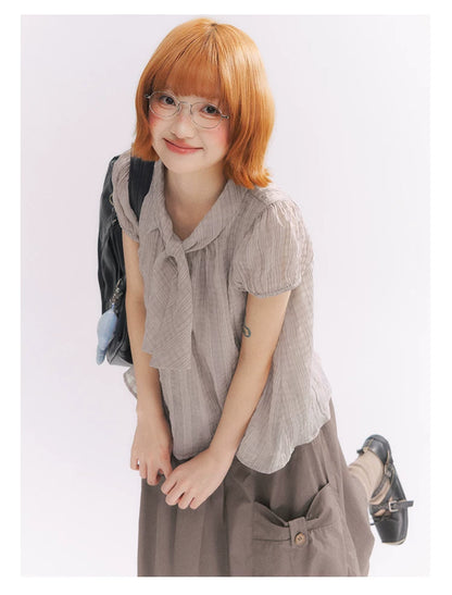 “Sweet & Cool Girl” Taupe Bow Drawstring High-Waist A-Line Cargo Skirt