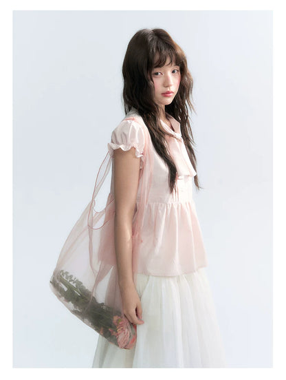 "Rosy Whisper" Dusty Pink Bow Embroidered Puff Sleeve Blouse