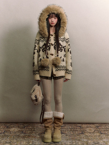 Soote Season - Fair Isle Cream Hooded Toggle Knit Jacket - Light Cream