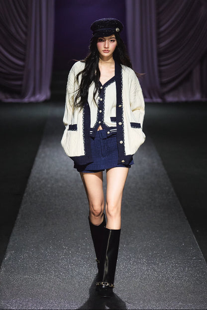 Contrast Knit Cardigan, V-Neck Tank & A-Line Skort Three-Piece Set